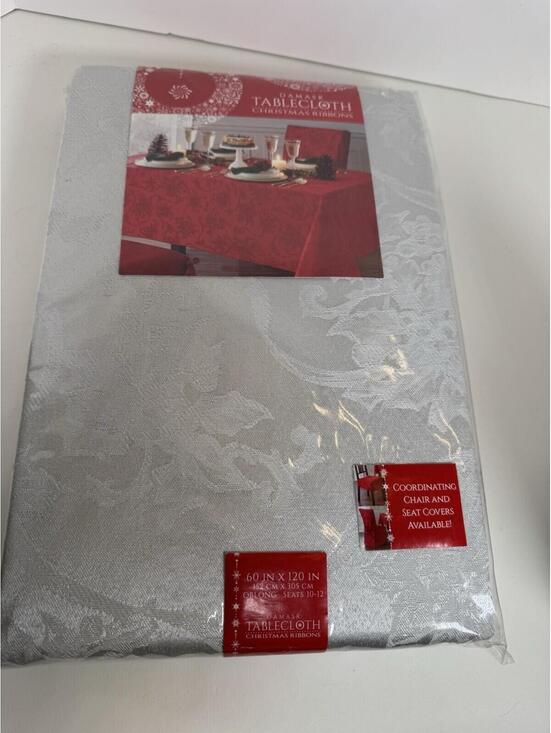 Damask Other - Damask Silver Tablecloth Oblong 60" X 120"  10-12 CHRISTMAS RIBBONS Holiday NEW